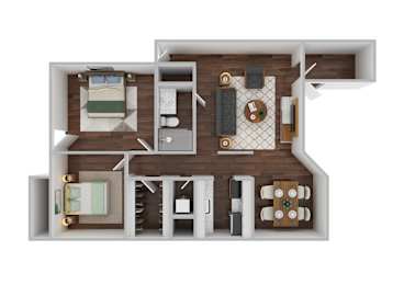 A 3D rendered image of a house layout.
