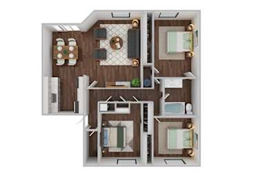 A top-down view of a small apartment with a kitchen, living room, and two bedrooms.