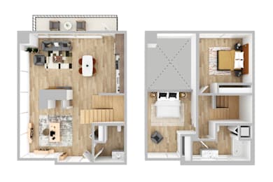 two floor plans of a house with a bedroom and a living room
