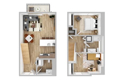 two floor plans of a house with a bedroom and a living room