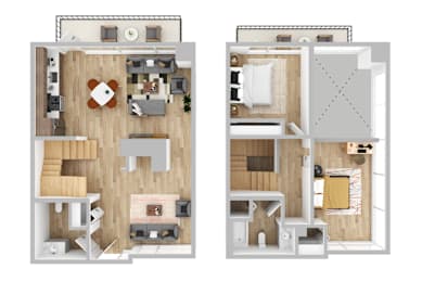 two floor plans of a house with a bedroom and a living room