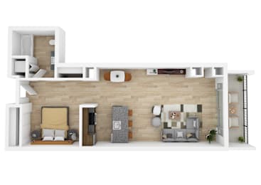 A 3D image of a modern living room with a sofa, a chair, a couch, a coffee table, a rug, a plant, and a wall clock.