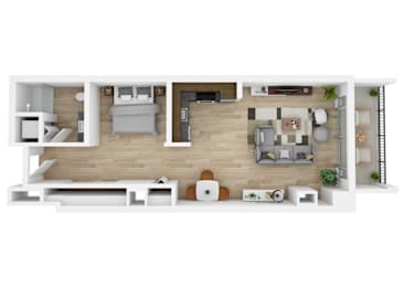 A 3D floor plan of a modern apartment with a kitchen, living room, and bedrooms.