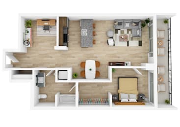 the interior of the apartment is divided into two floors with a bedroom and a bathroom
