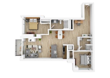 a stylized floor plan of a house with a bedroom and living room