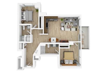 a stylized floor plan of a house with a bedroom and living room