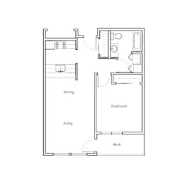 A floor plan of a small apartment with a living room, dining room, bedroom, and deck.