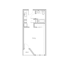 A drawing of a floor plan of a room with a living area and a deck.