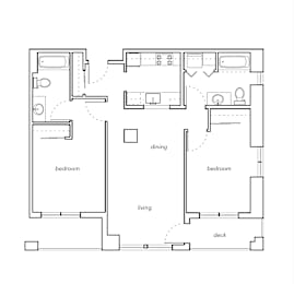 A floor plan of a house with two bedrooms, a living room, a dining room, and a deck.