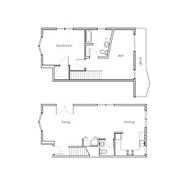 A floor plan of a house with a bedroom, living room, and dining room.