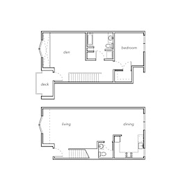 A floor plan of a two-story home with a living room, dining room, deck, and bedrooms.