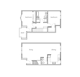 A floor plan of a house with two bedrooms, a living room, a dining room, a kitchen, and a deck.