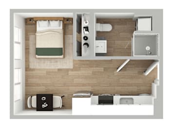 a layout of a bedroom with a bathroom and a living room