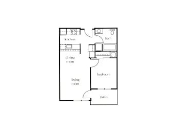 A floor plan of a house with a kitchen, dining room, living room, bathroom, and bedroom.