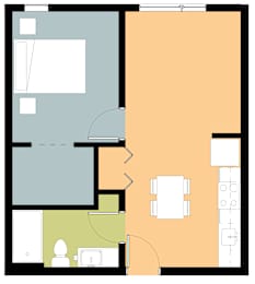 A floor plan of a house with a kitchen, living room, and dining area.
