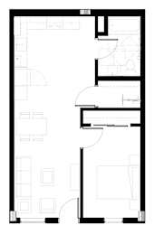 A black and white floor plan of a house with a kitchen, living room, and bedrooms.