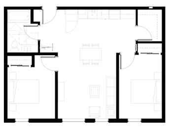 A black and white floor plan of a house with rooms and corridors.
