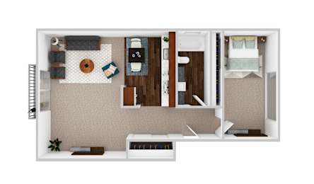 A top-down view of a small apartment with a kitchen, living room, and bedroom.