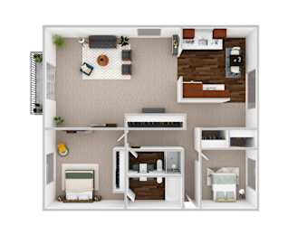 A top-down view of a small apartment with a bedroom, living room, and kitchen.