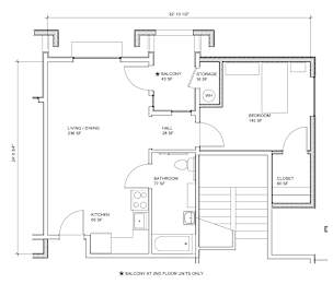 A floor plan of a house with a balcony at the second floor.