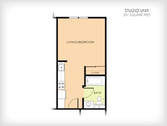 A floor plan of a 331 square feet studio unit with a living/bedroom, bath, and closet.