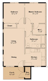 A floor plan of a house with a porch, two bedrooms, a master bedroom, a closet, a bathroom, a dining area, a kitchen, and a storage space.