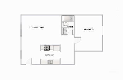 A floor plan of a house with a living room, kitchen, bathroom and bedroom.