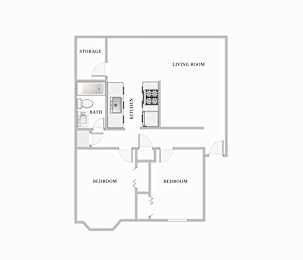A floor plan of a small apartment with two bedrooms, a living room, kitchen, and bathroom.