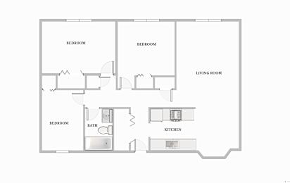 A floor plan of a house with three bedrooms, a living room, a kitchen, and a bathroom.