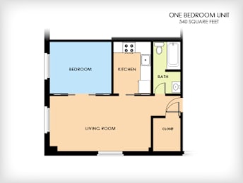 A floor plan of a one bedroom unit that is 540 square feet.
