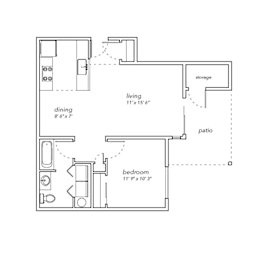 A floor plan of a small apartment with a bedroom, a living room, a dining room, and a storage area.