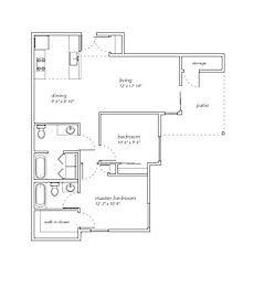 A floor plan of a small apartment with a bedroom, living room, and a dining area.