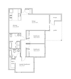 A floor plan of a house with a living room, dining room, three bedrooms, and a storage area.