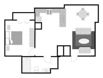 1 bedroom 1 bathroom floor plan with spacious living room and kitchen
