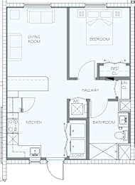 A floor plan of a house with a living room, kitchen, bathroom, and bedroom.