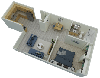 3D 1-bed, 1-bath 750 sqft floor plan at Mountainside Apartments in Birmingham, AL