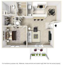 A floor plan of a house with a kitchen, living room, and bathroom.