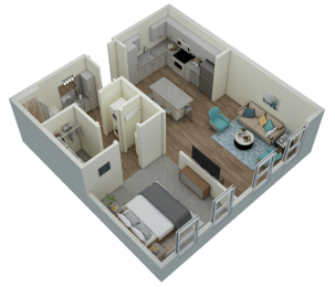 Unit A1 Accessible 1-bedroom, 1-bath 733 sqft 3D floor plan at Canopy Park Apartments, Pelham, 35124