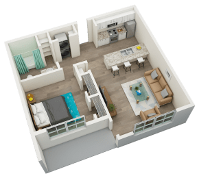 One bedroom one bathroom 751 square foot floor plan  at Huntsville Landing Apartments, Alabama, 35806