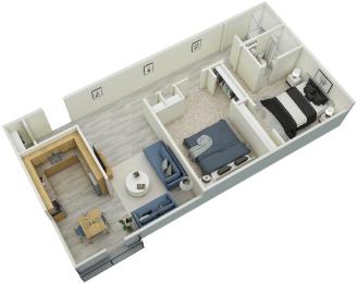3D 2-bed, 1-bath 930 sqft floor plan at Mountainside Apartments in Birmingham, AL