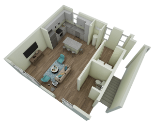 Unit B4 Sycamore 2-bedroom, 2-bath 1,273 sqft 3D lower level floor plan at Canopy Park Apartments, Pelham Alabama
