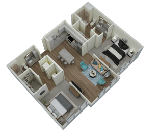 Unit B1 2-bedroom, 2-bath 1,070 sqft 3D floor plan at Canopy Park Apartments, Alabama