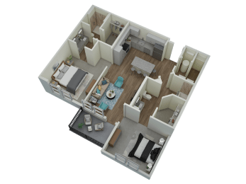 Unit B2 Balcony 2-bedroom, 2-bath 1,144 sqft 3D floor plan at Canopy Park Apartments, Alabama, 35124