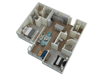 Unit B2 Solarium 2-bedroom, 2-bath 1,223 sqft 3D floor plan at Canopy Park Apartments, Pelham, AL 35124