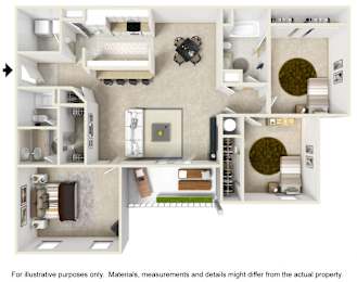 A 3D floor plan of a house with a kitchen, living room, and bathroom.