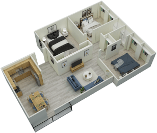 3D 3-bed, 2-bath 1,300 sqft floor plan at Mountainside Apartments in Birmingham, AL
