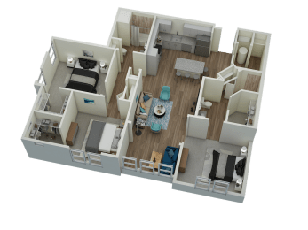 Unit C1 Solarium 3-bedroom, 2-bath 1,446 sqft 3D floor plan at Canopy Park Apartments, Alabama, 35124