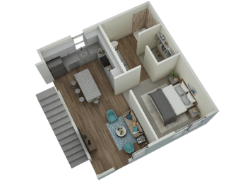 Unit C2 Carriage Home 3-bedroom, 2-bath 1,331 sqft 3D lower level floor plan at Canopy Park Apartments, Pelham, AL 35124
