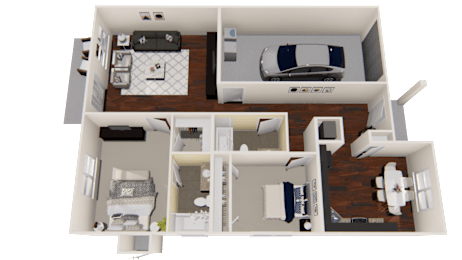 A 3D floor plan of a house with two bedrooms, a living room, a kitchen, and a garage.