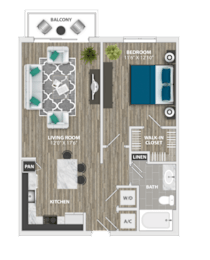 A floor plan of a balcony apartment with a living room, kitchen, bathroom, and bedroom.